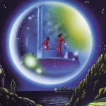 Ilustración de dos humanoides rojos dentro de una esfera transparente sobre el mar, con una pequeña figura en la costa.